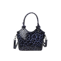 Navy leopard print faux leather handbag with glossy finish and knotted handle detail - Blue