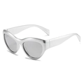 Occhiali da sole sportivi steampunk cat-eye argento con lenti grigie su bianco - Montatura Argento Galvanizzato Lenti Specchio Argento