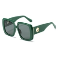 Oversized dark green square sunglasses with wide temples and golden metal hollow detail - Green Frame Grey Lens