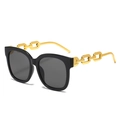 Square oversized sunglasses with black glossy frames and decorative gold chain temples - Black Frame Black Grey Lens