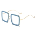 Blue glitter square frame glasses with gold wavy metal temples for a stylish trendy look - Blue Frame