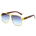 Oversized gold metal pilot sunglasses with blue-purple gradient lenses and wood grain temples - Gold Frame Grey Blue Lens