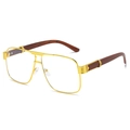 Oversized gold frame square glasses with brown wood textured temples for women - Gold Frame White Lens