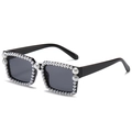 Square black sunglasses with white faux pearl embellishments and dark grey lenses - New Style / Black Frame Grey Lens