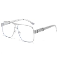 Oversize square silver metal sunglasses with textured wood-grain temple arms - Silver Frame Clear Lenses