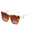 Tortoiseshell square sunglasses with white temples and gold triangle metal accents - Leopard Frame Brown Lens (White Leg)