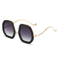 Black glitter oval sunglasses with purple gradient lenses and gold wavy metal temples - Black Frame Double Gray Lens