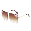 Oversize brown gradient rimless sunglasses with pink rhinestone accents and gold frame - Gradient Tea