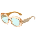 Trendy honey amber oversized square sunglasses with green lenses and checkerboard temples - Regular / Regular Champagne Frame with Blue Lenses (Incl. 13% Tax)