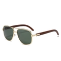 Vintage pilot sunglasses with gold double bridge frame and brown wood grain temples - Gold Frame Dark Green Lenses