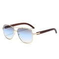 Classic gold metal aviator sunglasses with blue gradient lenses and wooden temples - Gold Frame Grey Blue Lens