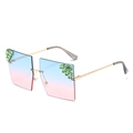 Frameless oversized square sunglasses with blue-pink gradient lenses and green rhinestones - Blue Pink