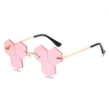 Pink hexagonal frameless hip hop sunglasses with gold metal temples on white background - New Style / Standard Gold Frame with Pink Lenses