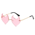 Pink heart-shaped rimless devil horn sunglasses with sleek gold metal temples - New Style / Standard Gold Frame with Pink Lenses