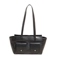 Bolso tote minimalista de cuero sintético negro con bolsillos frontales y herrajes plata - Negro