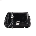 Elegant black pleated leather crossbody bag with silver chain and rose pendant detail - Black