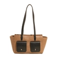Bolso de hombro bicolor marrón y negro con bolsillos dobles y hebillas plateadas - Calicó