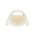 Minimalist beige crossbody bag for women with woven straw texture and circular handle design - White