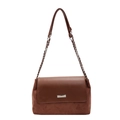 Dark brown chain tote bag in smooth leather and faux suede with silver buckle - Brown