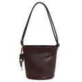 Dark brown woven tote bag with diamond pattern, long shoulder strap and colorful bead charm - Brown