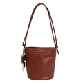 Dark brown woven bucket bag with wooden bead tassels and slim double shoulder straps - Brown