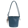Navy blue woven bucket bag with long thin shoulder strap and wooden bead tassel - Blue