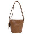Brown woven bucket bag with wood bead tassel and adjustable knot shoulder strap - Khaki