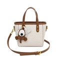 Borsa tote intrecciata bianca con finiture in pelle marrone e ciondolo scimmia - Bianco Riso (Senza Ciondolo)