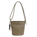 Olive green woven bucket bag with wood bead tassel and thin shoulder strap detail - Green
