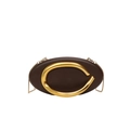 Deep brown oval clutch with gold C-shaped metal handle and slim golden chain strap - Brown