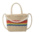 Borsa da spiaggia in paglia a righe arcobaleno con dettaglio di perle e tracolla lunga - Bianco Sporco