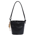 Minimalist black woven bucket bag with elegant wooden bead tassel and stylish knotted strap - Black