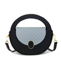 Retro round box bag in black matte leather with grey woven flap and gold hardware - Black