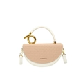 Borsa a sella in paglia beige con pelle bianca e manico ad anello in metallo dorato - Bianco