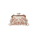 Elegante weiße Handtasche mit Pfingstrosen-Stickerei, großem Perlenverschluss und Goldkette - Klein / Rosa