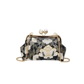 Sac rétro noir avec broderie pivoine, fermoir perle et bandoulière en chaîne dorée - Petit / Noir
