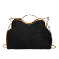 Elegant black shell handbag with rose embroidery and vintage gold metal handle - Black