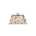 Sac à main beige brodé avec fermoir en perles et bandoulière en chaîne dorée - Grand / Kaki