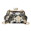 Vintage-Abendtasche aus Jacquard in Schwarz mit Goldkette und großem Perlenverschluss - Groß / Schwarz