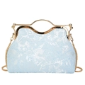 Light blue floral brocade shell handbag with gold frame and chain strap accessory - Sky Blue