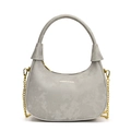 Bolso media luna de terciopelo gris con cadena dorada y texto Fashion & Bags - Gris