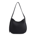 Minimalist black leather hobo shoulder bag with a smooth curved strap and silver zipper - Black