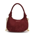Minimalist burgundy velvet crescent bag with gold chain and printed fashion lettering - Red