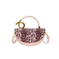 Sac à main demi-lune rose avec rabat léopard et poignée torsadée dorée - Rose