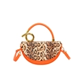 Sac croissant en cuir orange à rabat léopard avec poignée ronde en métal doré chic - Orange