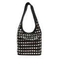 Retro black leather shoulder bag with dense silver stud rivets and a wide strap - Black