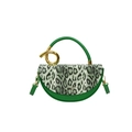 Green crescent handbag with leopard print flap and golden knot handle on white background - Green