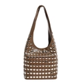 Brown leather rivet shoulder bag with silver studs and a vintage bucket shape design - Brown