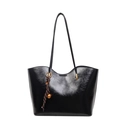 Grand sac cabas en cuir noir brillant avec ruban rayé et pendentif clochette dorée - Noir sans Pendentif