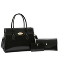 Ensemble de trois sacs en cuir verni noir avec sac à main, portefeuille et porte-cartes - Noir Ensemble